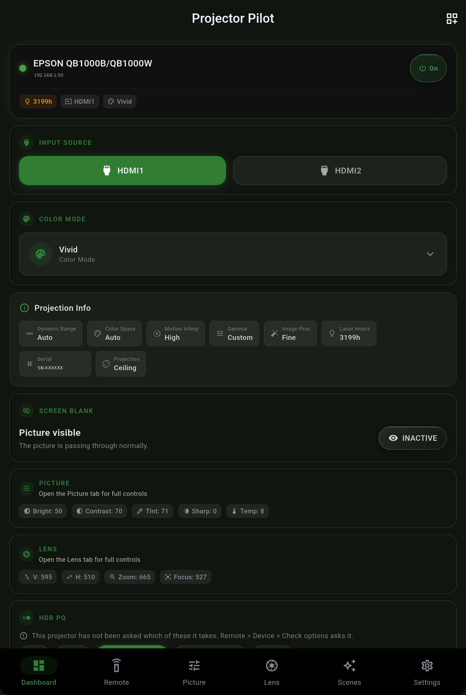 Projector Pilot dashboard